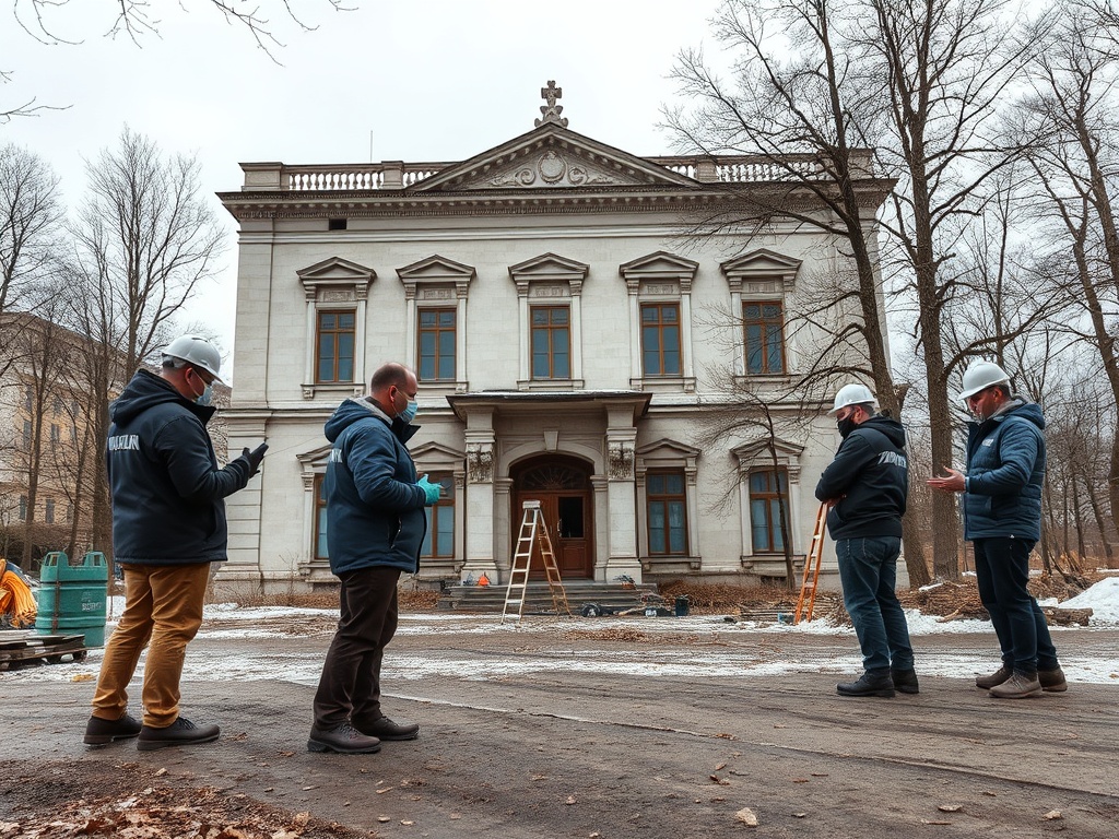 Группа специалистов в касках обсуждает восстановление старого здания в зимнем парке.