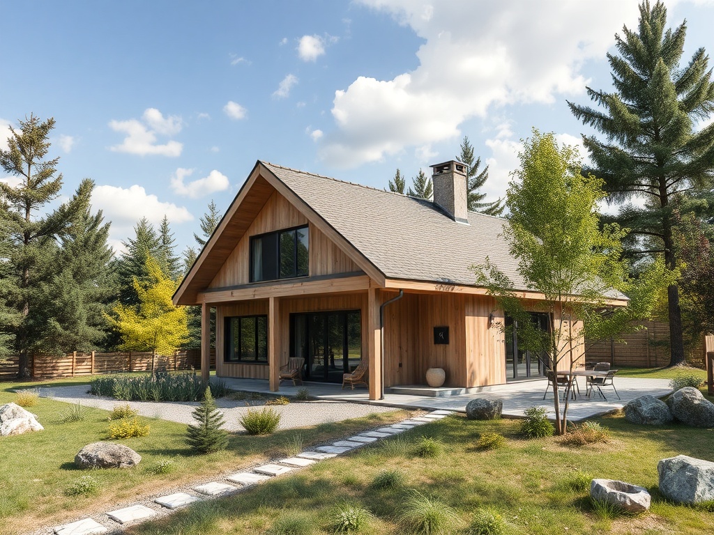Современный деревянный дом окружён зелёным садом и камнями под ясным голубым небом.