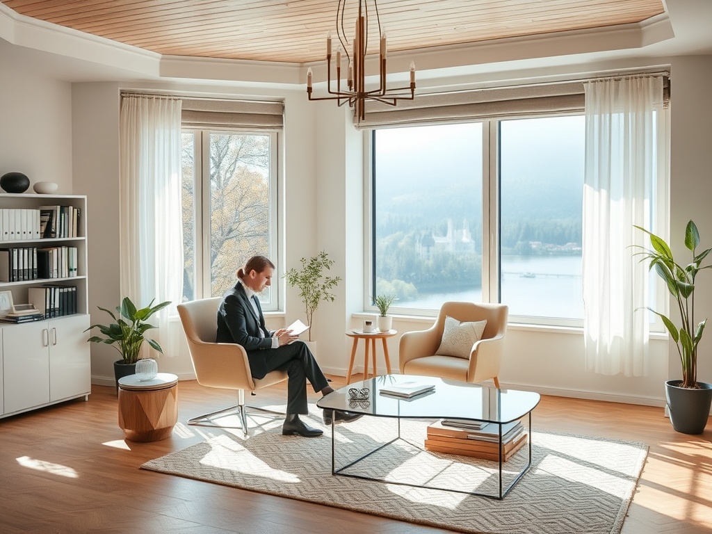 Современный офис с уютной мебелью, человек читает на фоне окна с видом на природу и озеро.