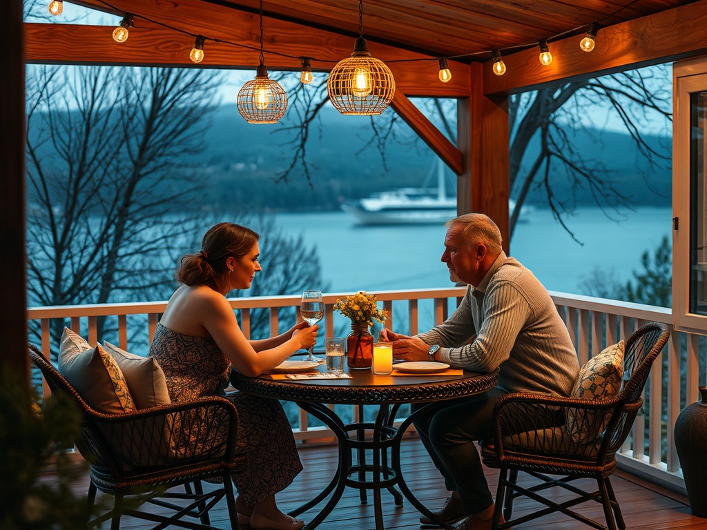 Уютный вечерний ужин на веранде с видом на озеро. Два человека наслаждаются едой и общением.