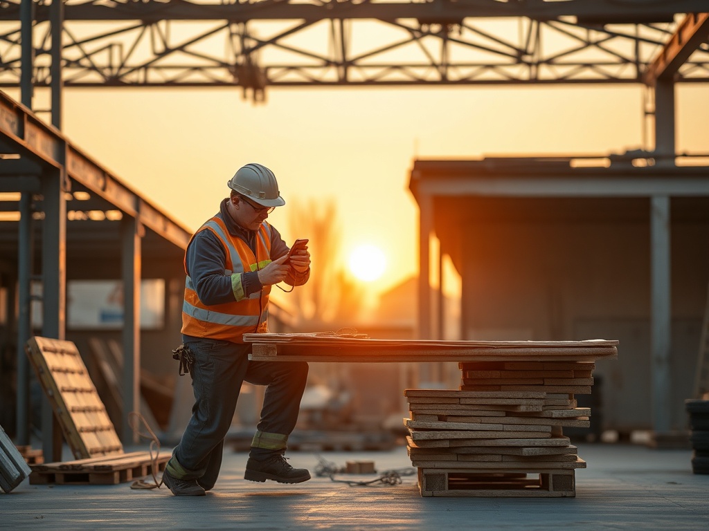 Рабочий в каске и светоотражающем жилете проверяет информацию на телефоне на строительной площадке во время заката.