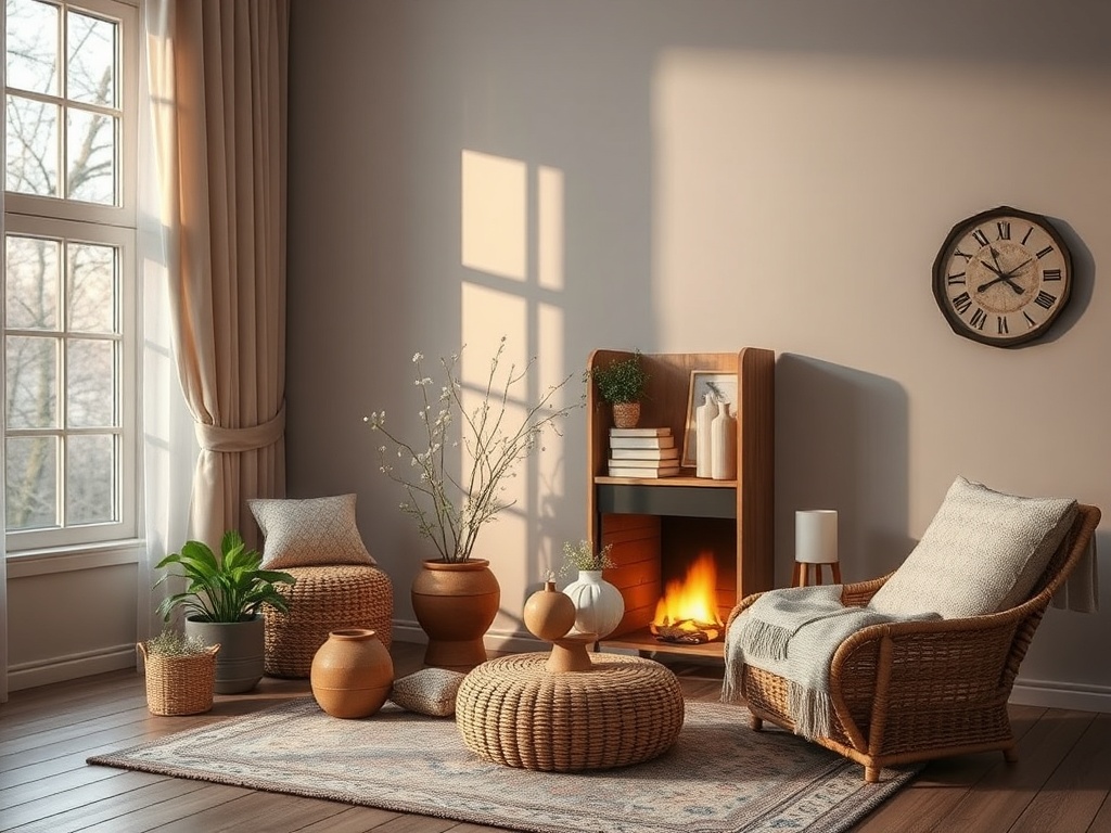 Уютная комната с креслом, растениями и камином, мягкий свет проходит через окно. Теплая и приглашающая атмосфера.