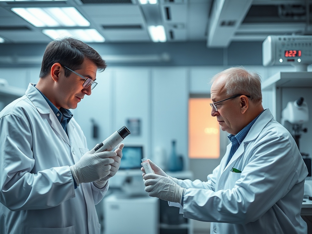 Два ученых в лаборатории обсуждают образцы. Один из них смотрит в микроскоп, другой держит пробирку.