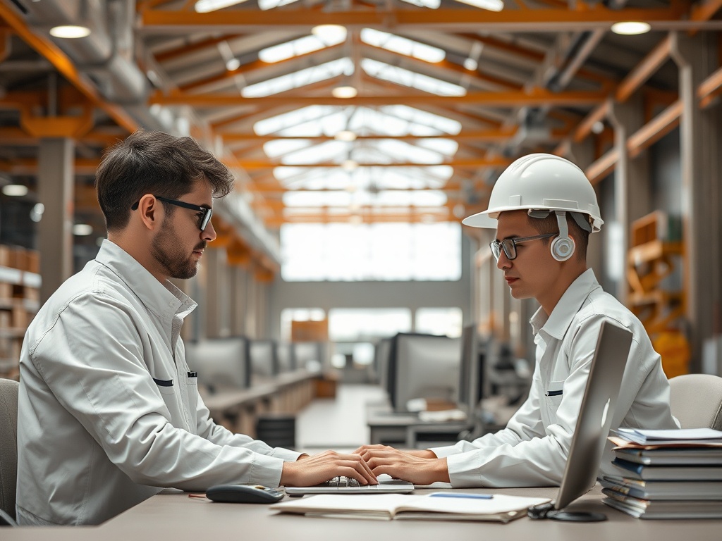 Два инженера работают в офисе с компьютерами, обсуждая проекты и обмениваясь идеями.