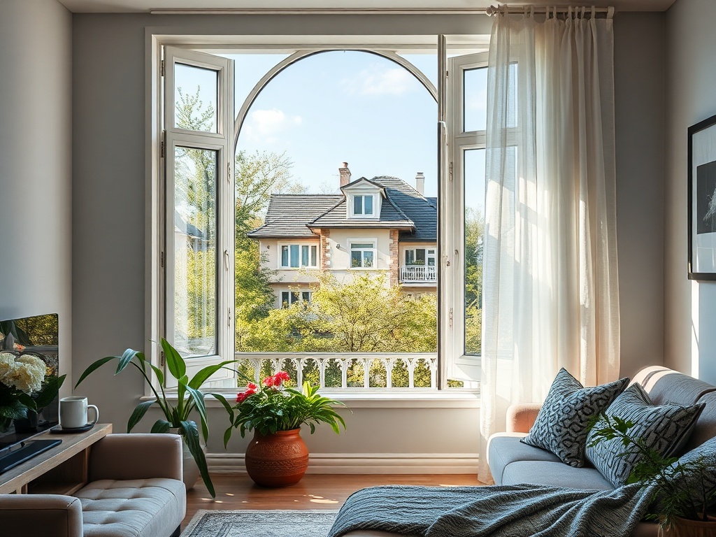 Вид из окна на дома и зелень, светлая комната с диваном и растениями на фоне.