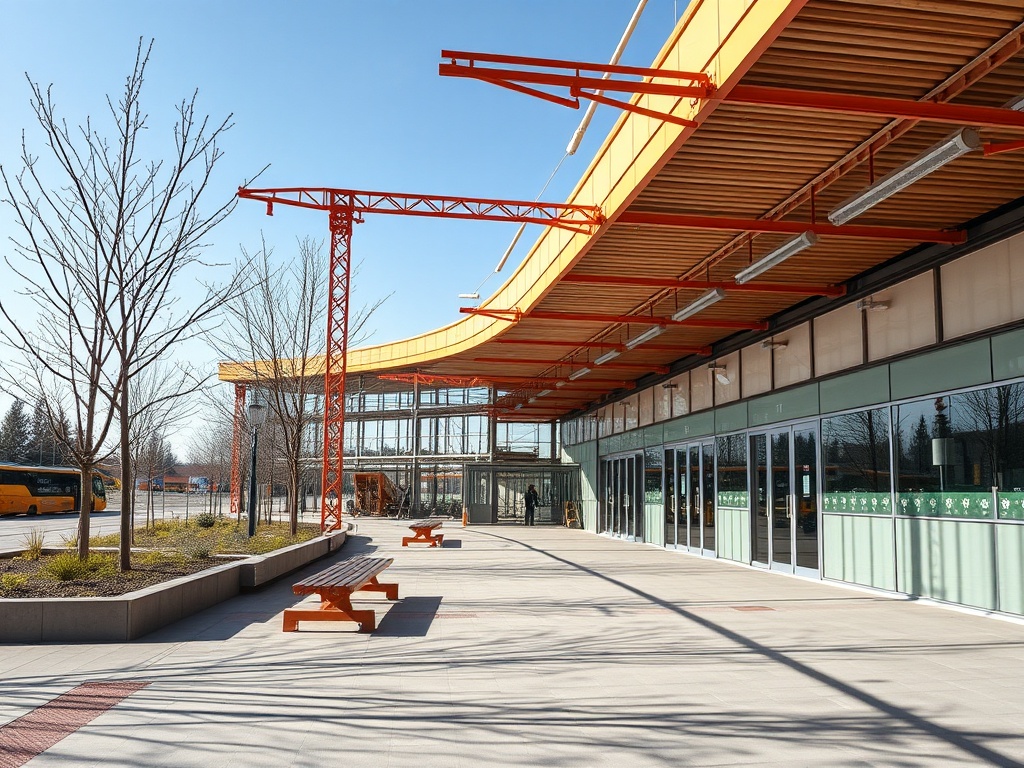 Современное здание с яркой крышей и открытым пространством, окруженное деревьями и автобусами.
