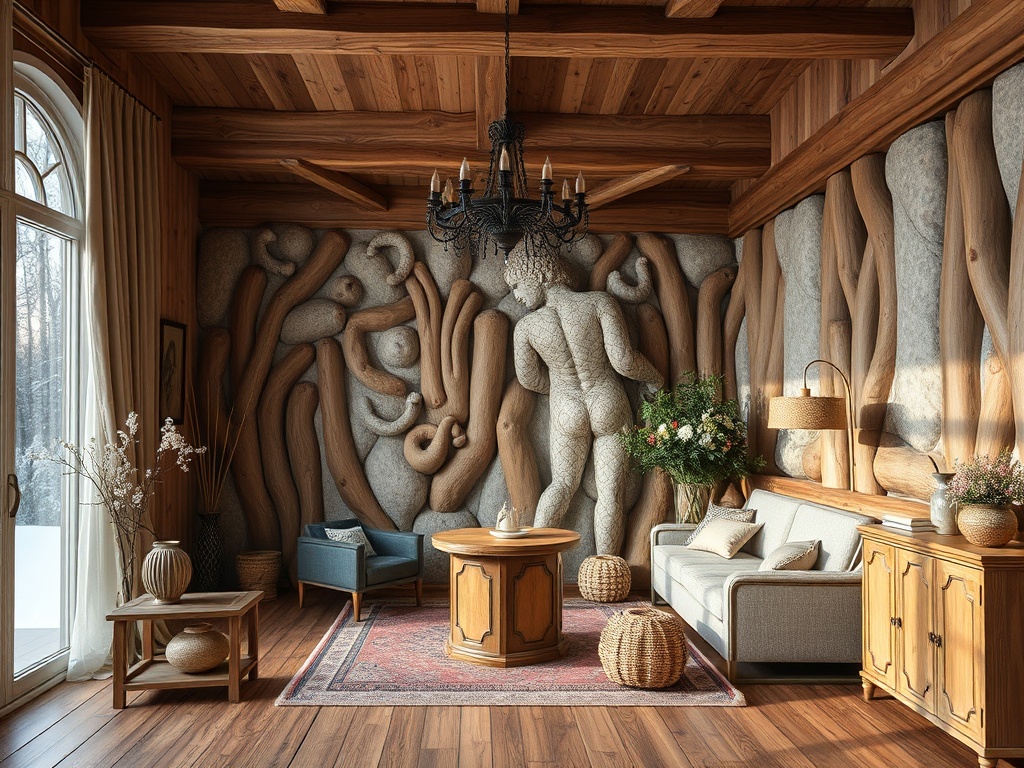 Современный интерьер с деревянной отделкой, скульптурой на стене и уютной мебелью. Светло и привлекательно.