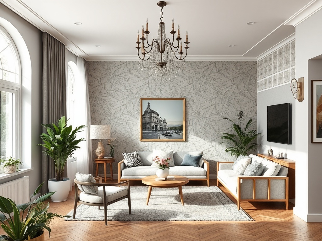 Современный уютный салон с уютной мебелью, большими окнами и декоративными растениями.