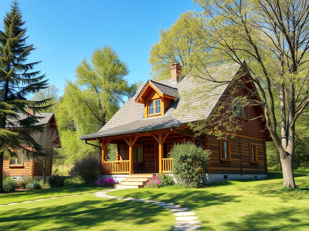 Уютный деревянный дом с крышей из черепицы, окружённый зелёным садом и деревьями на ясном небе.