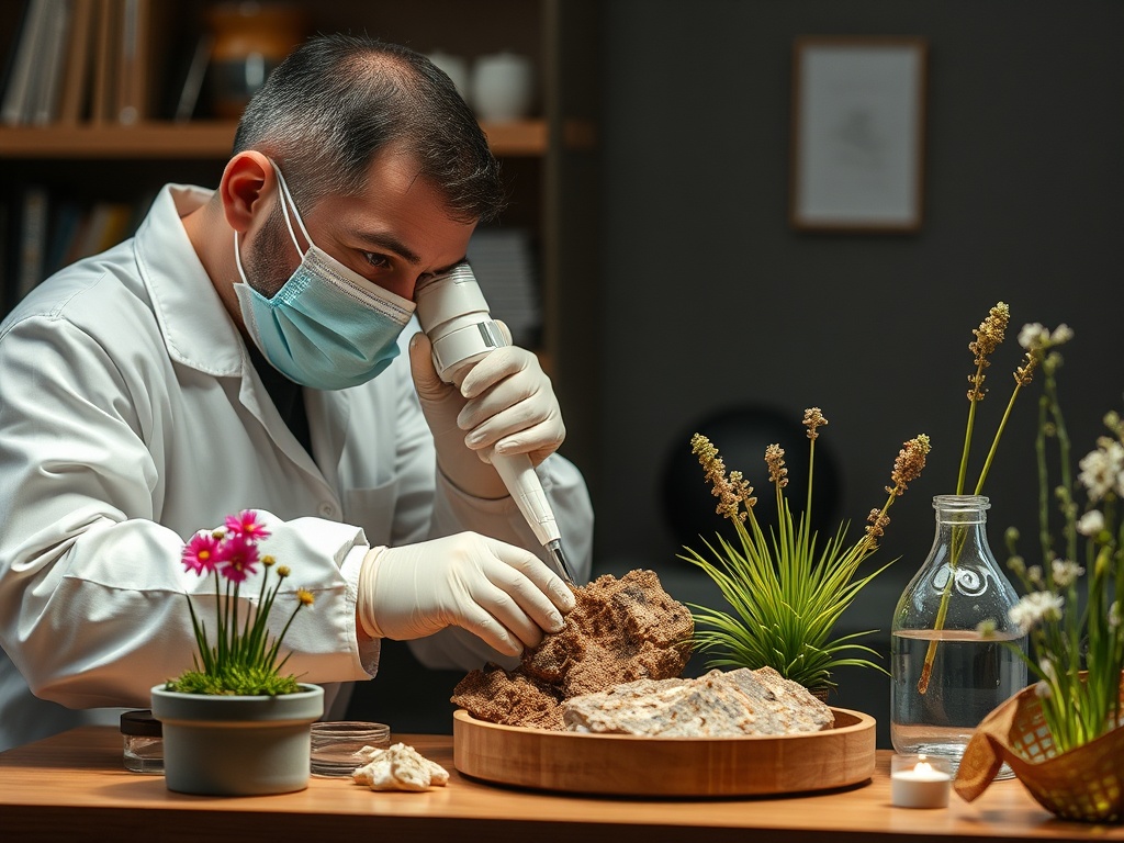Научный работник изучает образцы почвы с помощью микроскопа в лаборатории. На столе цветы и горшки.