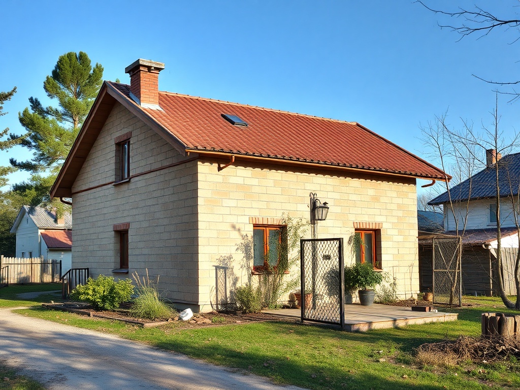 Двухэтажный дом с мансардой и красной крышей, окружённый зелеными растениями и дорожкой. Синее небо.