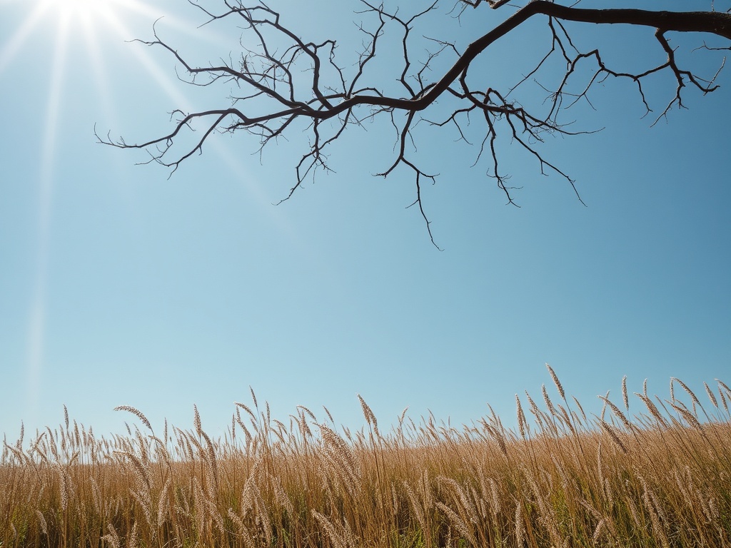 Сухая ветка на фоне голубого неба и широкого поля с высокими травами на фоне солнечного света.