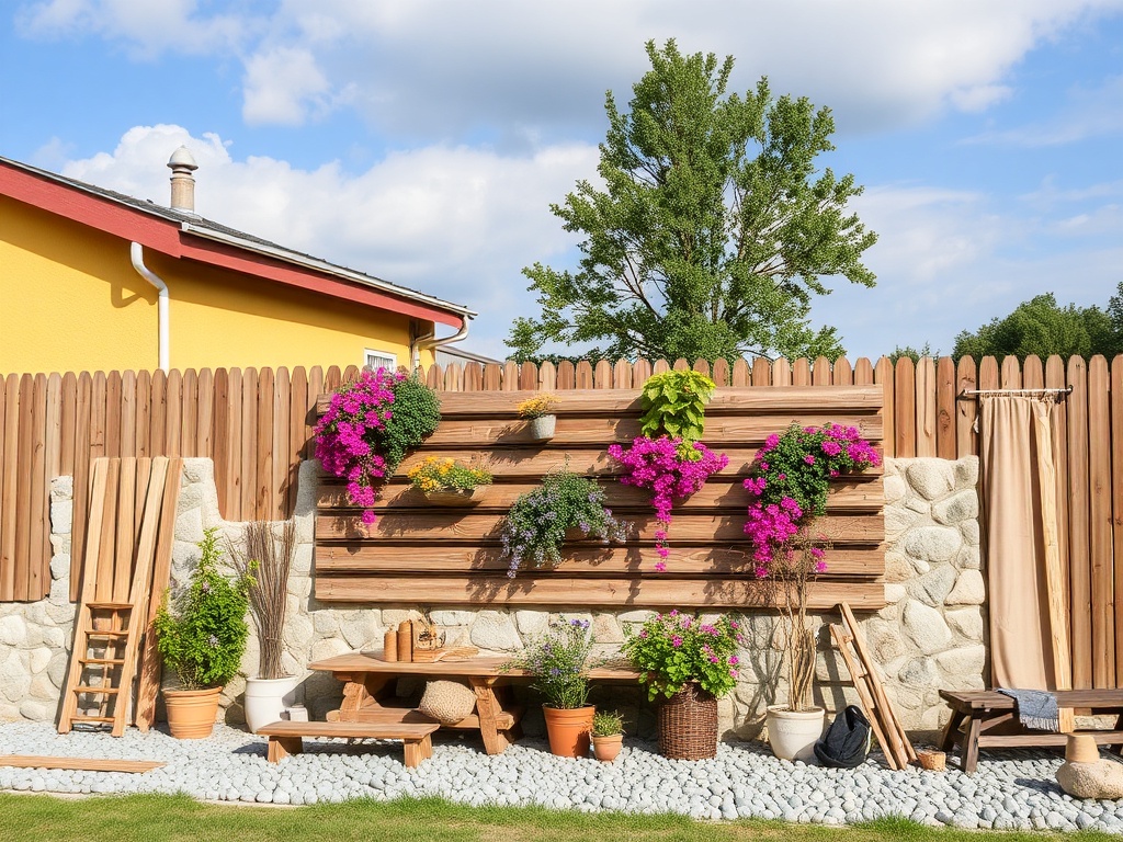 Солнечный сад с деревянной стеной, цветами, камнями и уютной мебелью для отдыха.