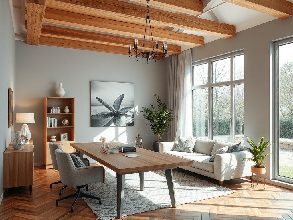 Современный офис с деревянными перекрытиями, светлым интерьером и уютной мебелью. Большие окна и растения.