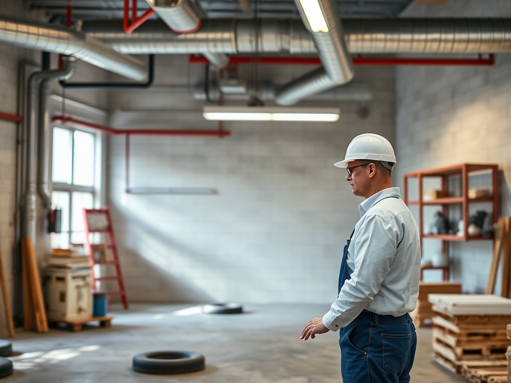 Человек в каске и рабочей одежде стоит в пустом помещении, окружённом строительными материалами и инструментами.