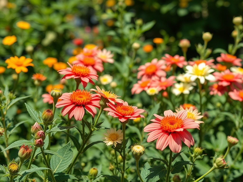 Цветущие клумбы с яркими розовыми, желтыми и белыми цветами на солнечном лугу.