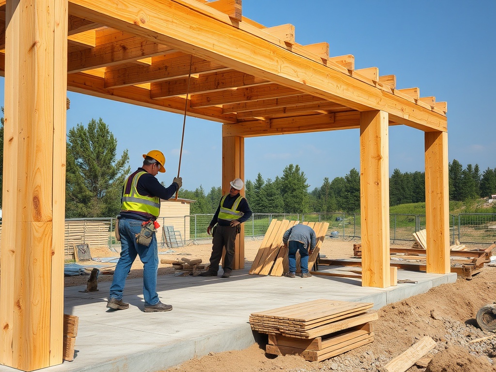 Строители работают на строительной площадке, собирая деревянные конструкции под ясным небом.