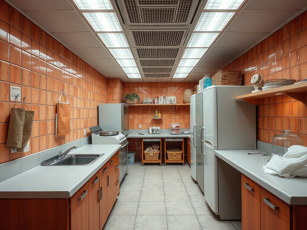 Кухня с яркими плитками, мебелью из дерева и серыми холодильниками на фоне. Чисто и организованно.