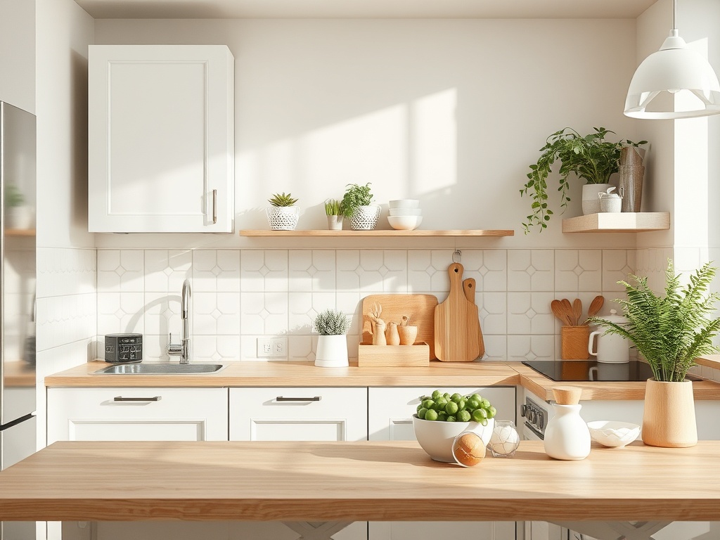 Светлая кухня с деревянными элементами, зелеными растениями и аккуратной кухонной утварью на столе.