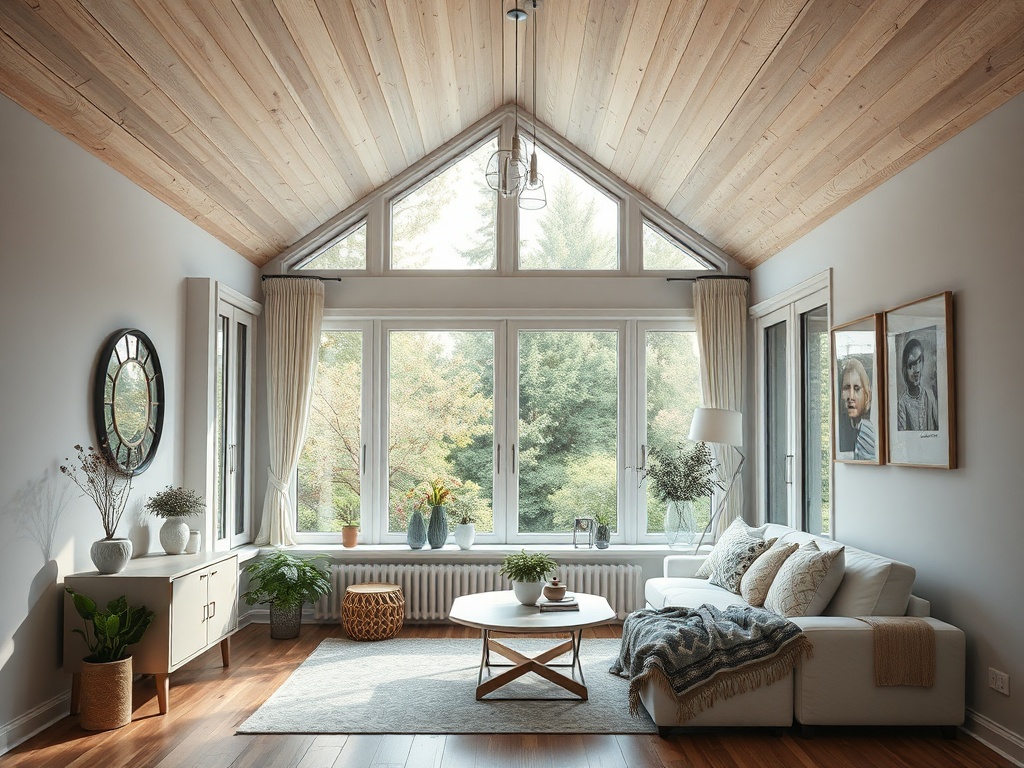 Современная гостиная с большими окнами, светлым декором и уютной мебелью. Стильный интерьер с растениями.