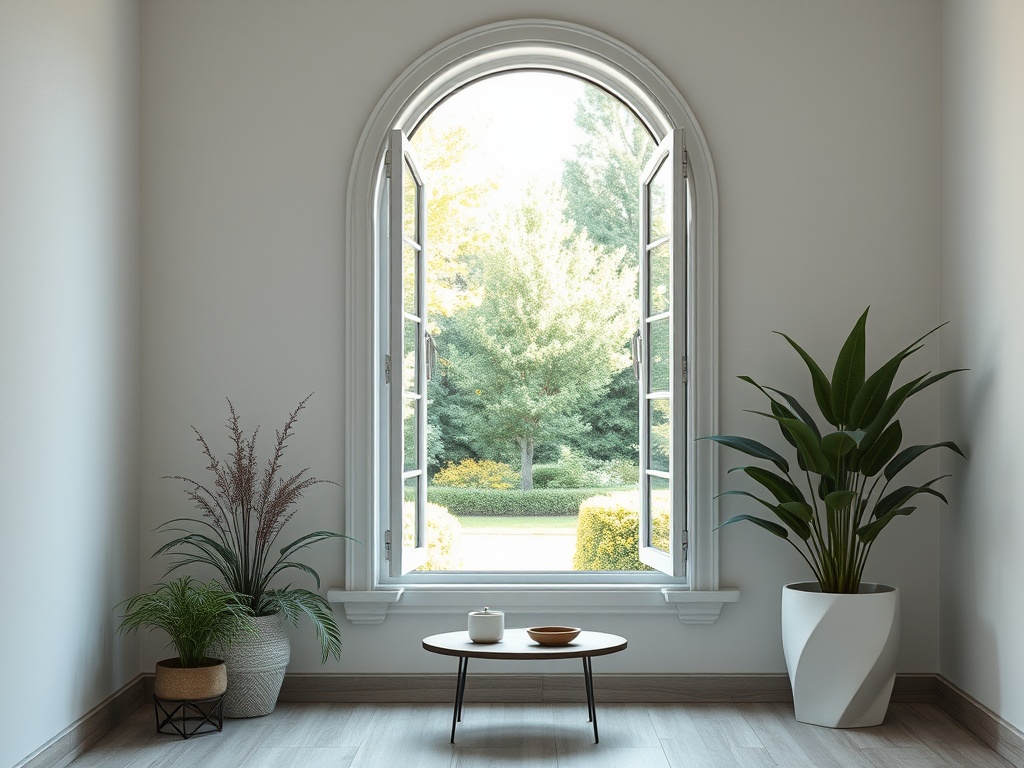 Окно с аркой открывает вид на зелёный сад, в комнате стоят растения и небольшой столик.