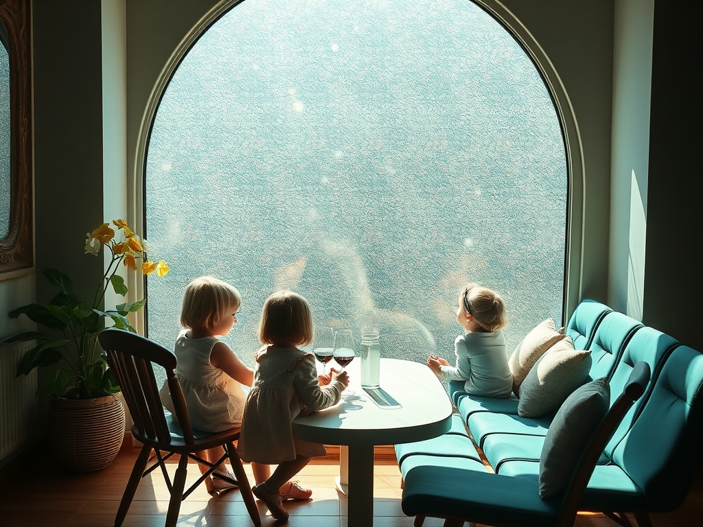 Три девочки сидят за столом и смотрят в окно, откинутые на мягкие диваны в светлом интерьере.