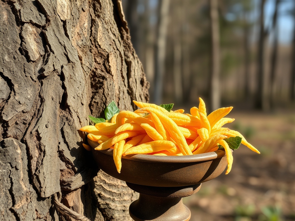 На фоне дерева в вазе лежат ярко-желтые чипсы, украшенные зелеными листьями.