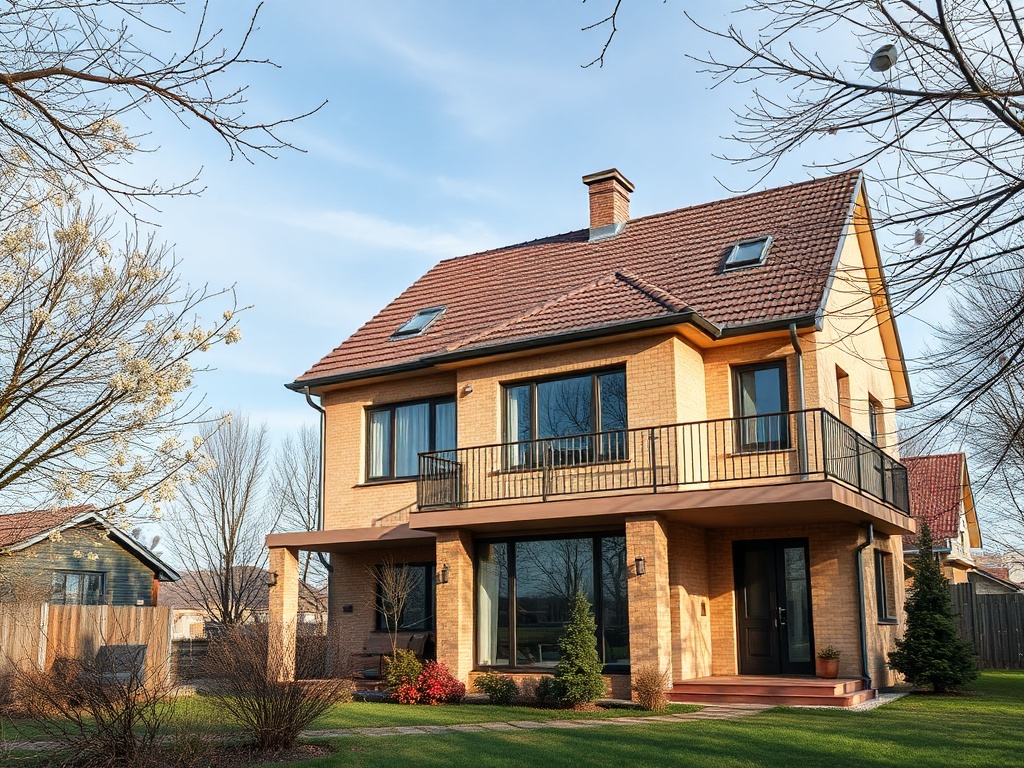 Двухэтажный загородный дом с балконом, зелёный газон и деревья вокруг. Ясное небо.