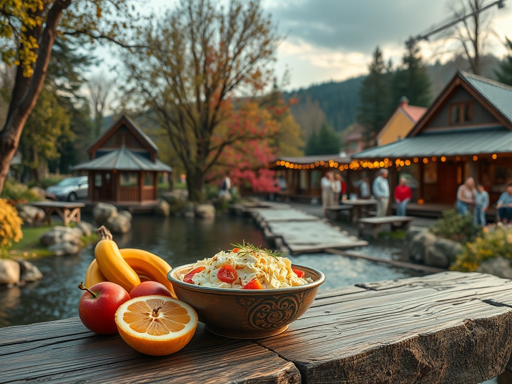 На переднем плане тарелка с салатом, рядом фрукты: яблоко, лимон и бананы. На фоне уютные домики у воды.